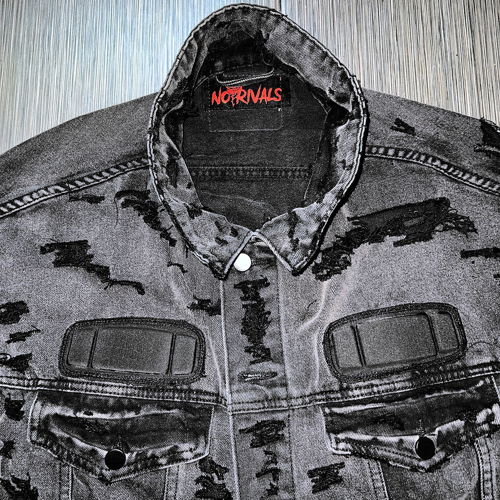 Thumbnail: No Rivals Studios brand armour padded denim jacket distressed puff print