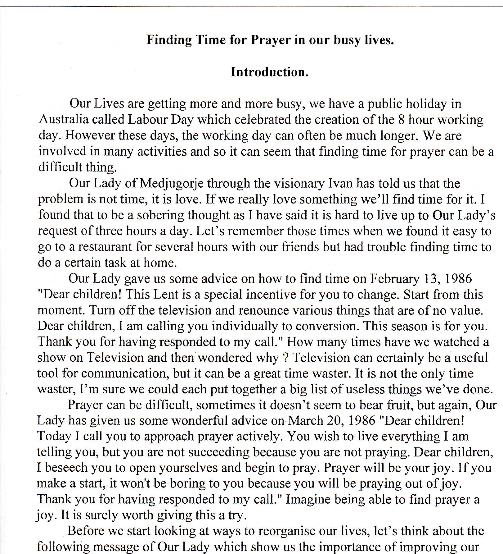 Book - Finding time for prayer in our busy lives.