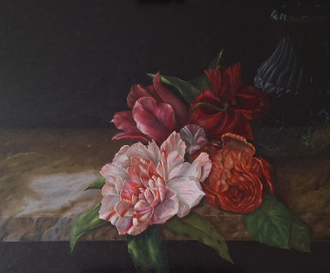 stilllife, oil on canvas, barock, stillleben, blumen, tulpen, rosen, vase, marmortisch, thomas aebi, ölbild kaufen, naturalistisch