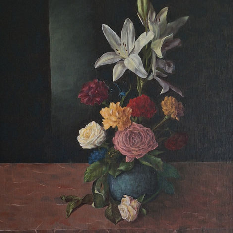 Still life, oil on canvas, carnations, lily, ciaroscuro, Thomas Aebi, fine art, baroque, flowers, Laguiole
