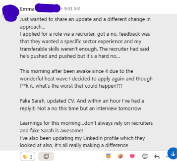 This is a screenshot of a direct message a client sent about how she changed her approach. She applied for a role via a recruiter, got a no, and applied through the company website directly and booked an interview within an hour