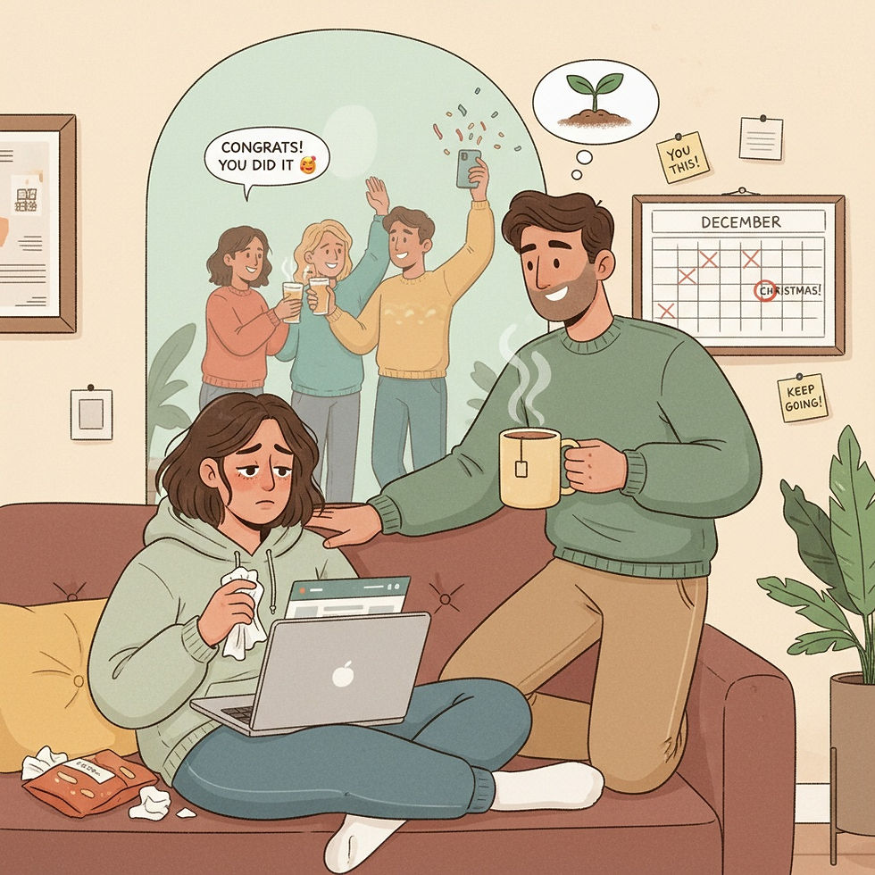 people celebrating a job offer in the kitchen person on the couch looking ill being consoled