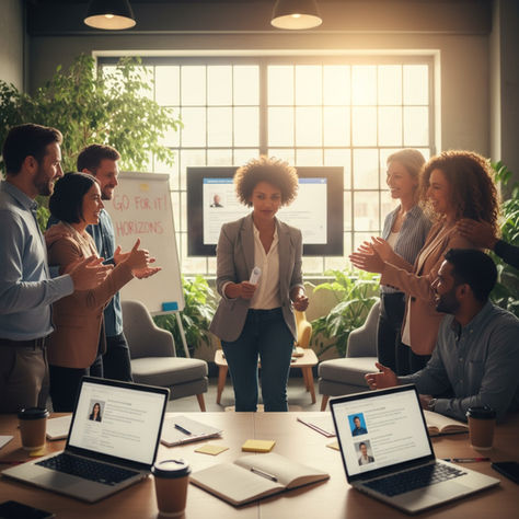 A supportive group of professionals encouraging a nervous job seeker stepping forward with confidence.