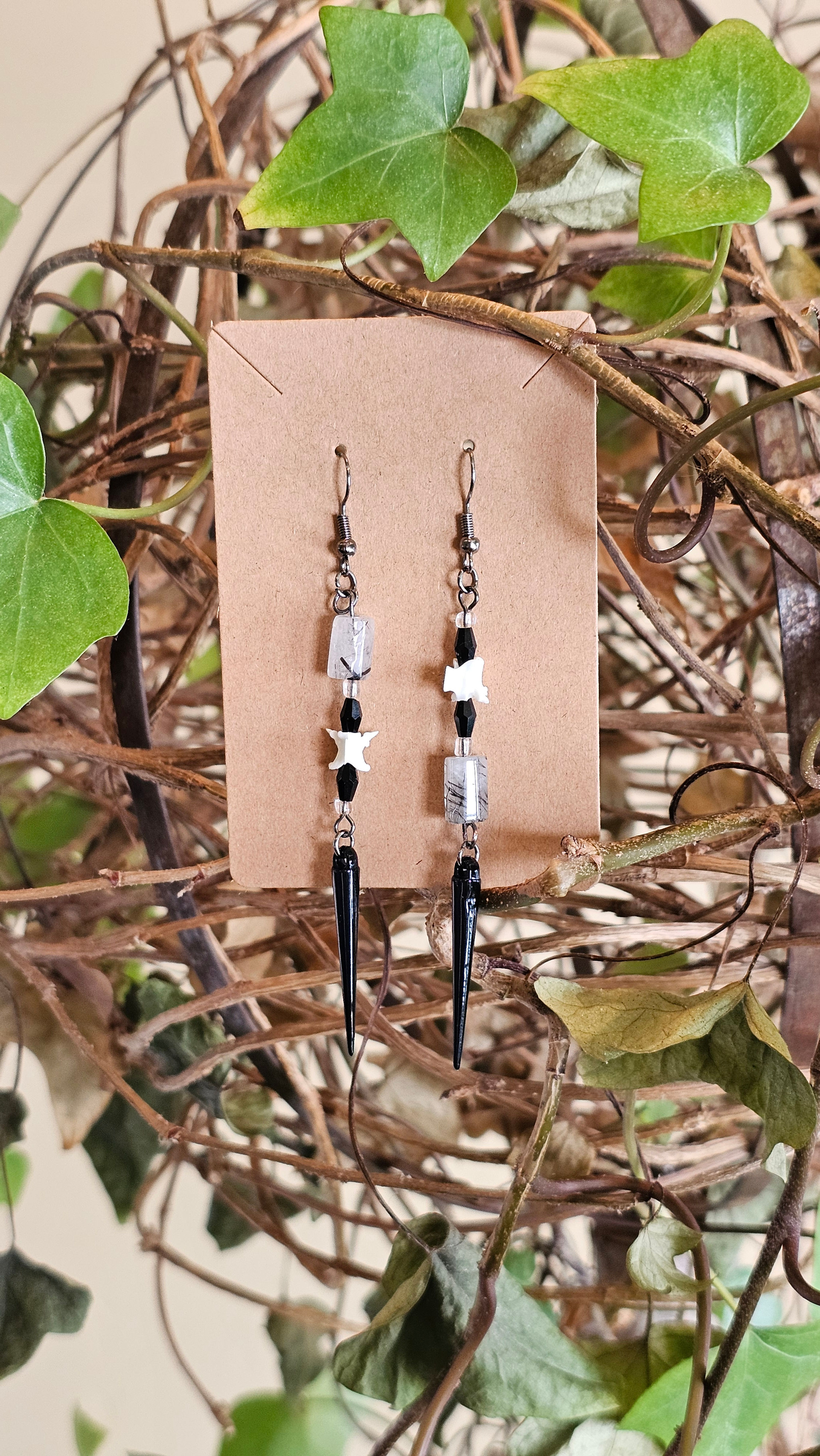 Black Rutilated Quartz & Rattlesnake Vertabrae Earrings
