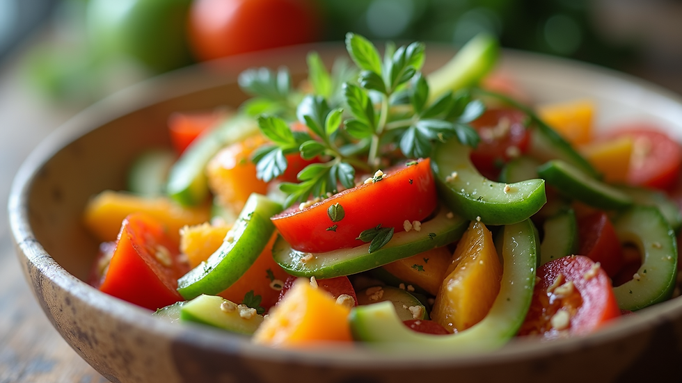 Eye-level view of a colorful healthy meal made with fresh vegetables
