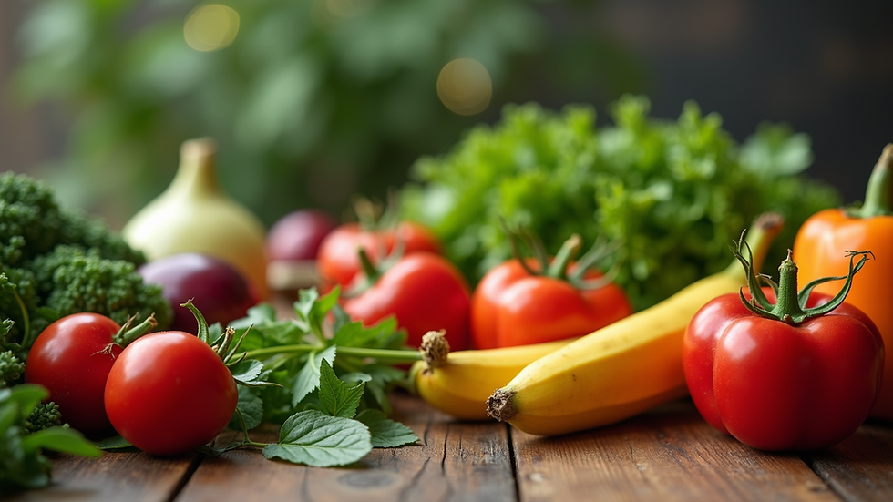 Close-up view of fresh vegetables and fruits on a wooden table
