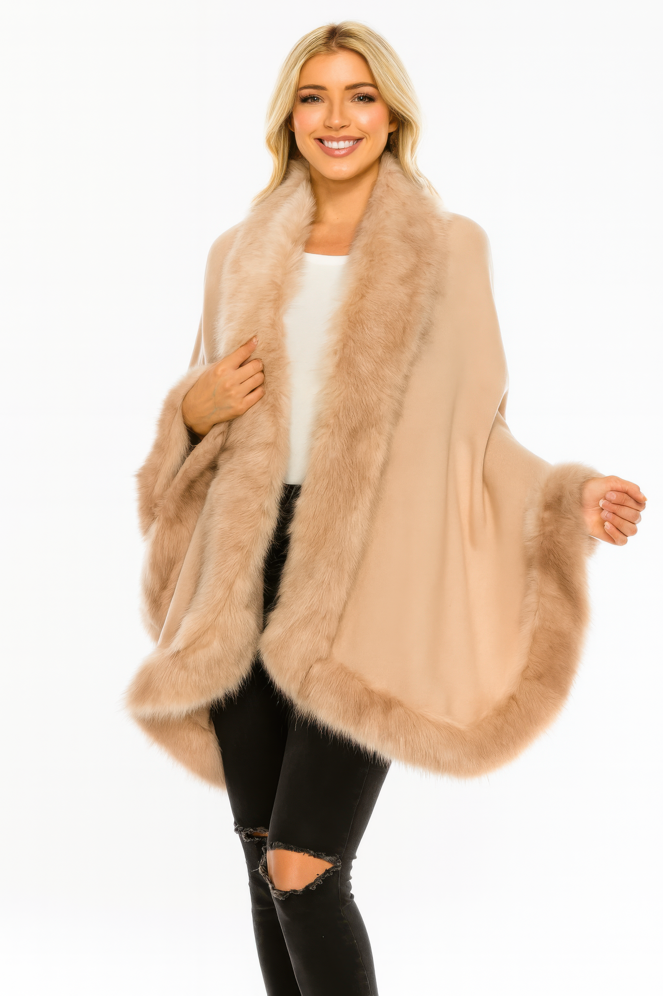 Camel Faux Fur Trim Open-front Cape Wrap