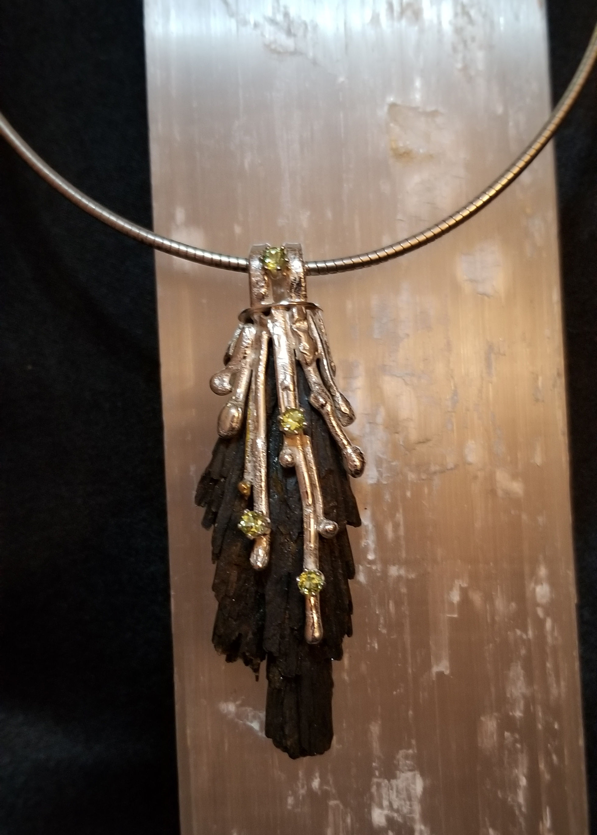Sterling Silver, Black Kyanite & Peridot Witches Broom Pendant