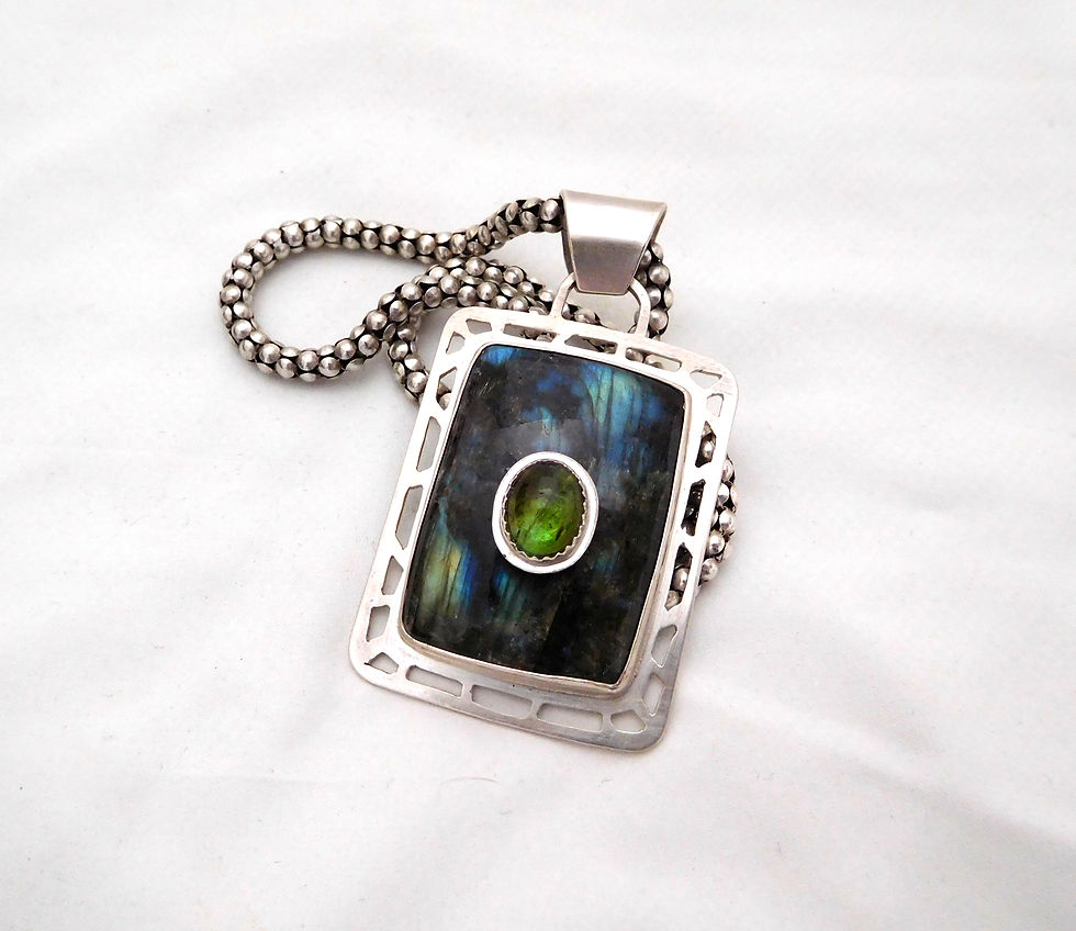 Thumbnail: Labradorite and Tourmaline Sterling Silver Stone on Stone Pendant Necklace