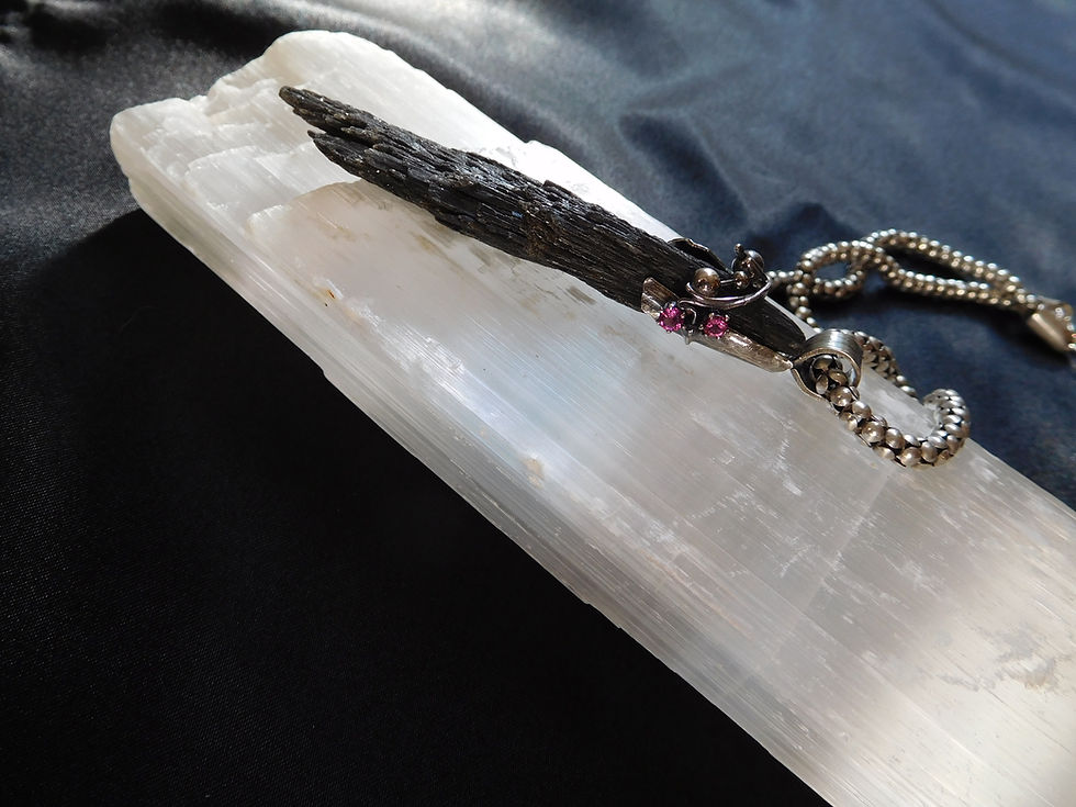 Thumbnail: Black Kyanite, Garnet & Sterling Silver Witches Broom Pendant