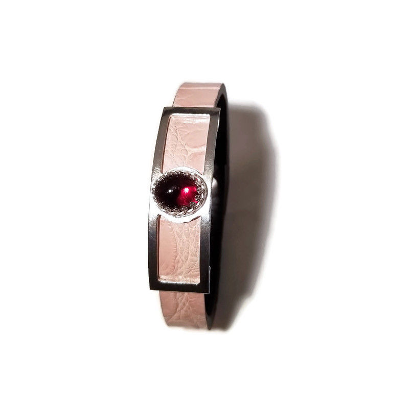 Pink Alligator Leather, Sterling Silver and Garnet Bracelet