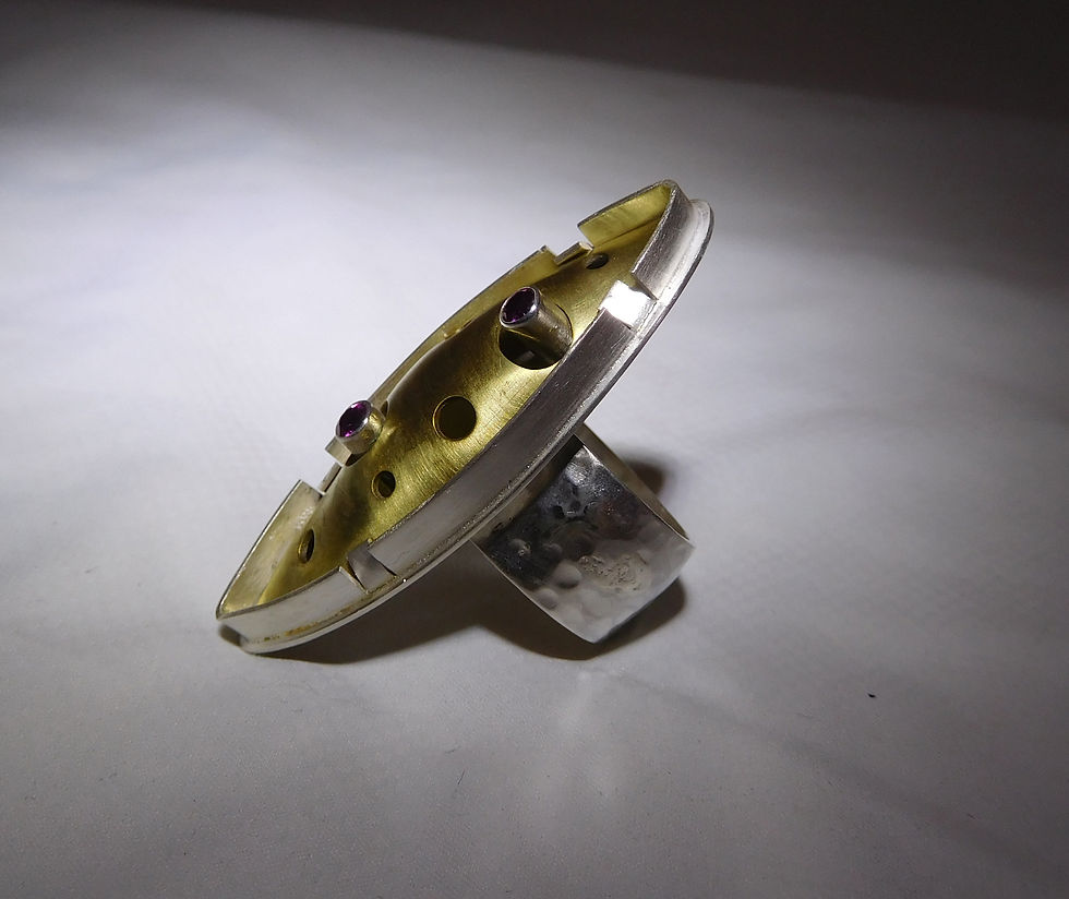 Thumbnail: Sterling Silver, Brass & Garnet Tube Set Ring