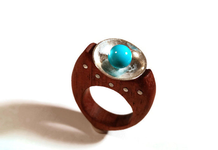 Thumbnail: Sterling Silver, Turquoise & Wood Dome Ring
