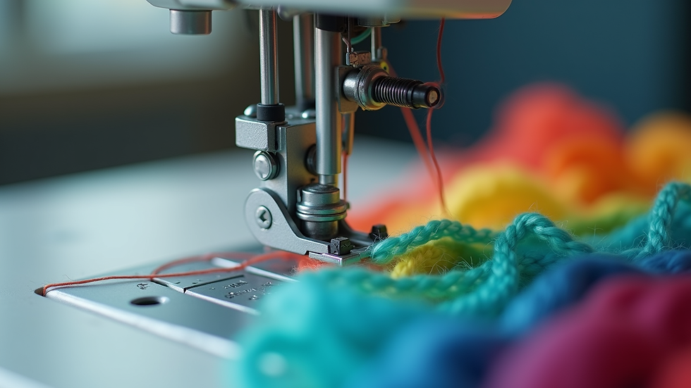 Eye-level view of a sewing machine with colorful threads