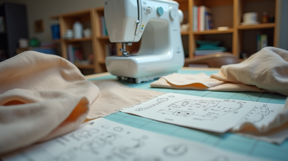 Eye-level view of a sewing workspace with fabric and pattern pieces laid out