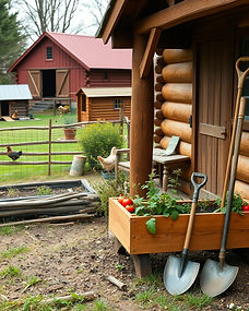 A rustic yard and garden on a hobby farm. There is a small livestock pen with  chickens an
