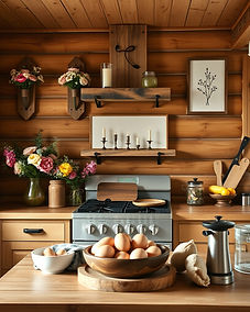 A rustic country kitchen in a log home. On the walls are rustic wooden sconces with flower
