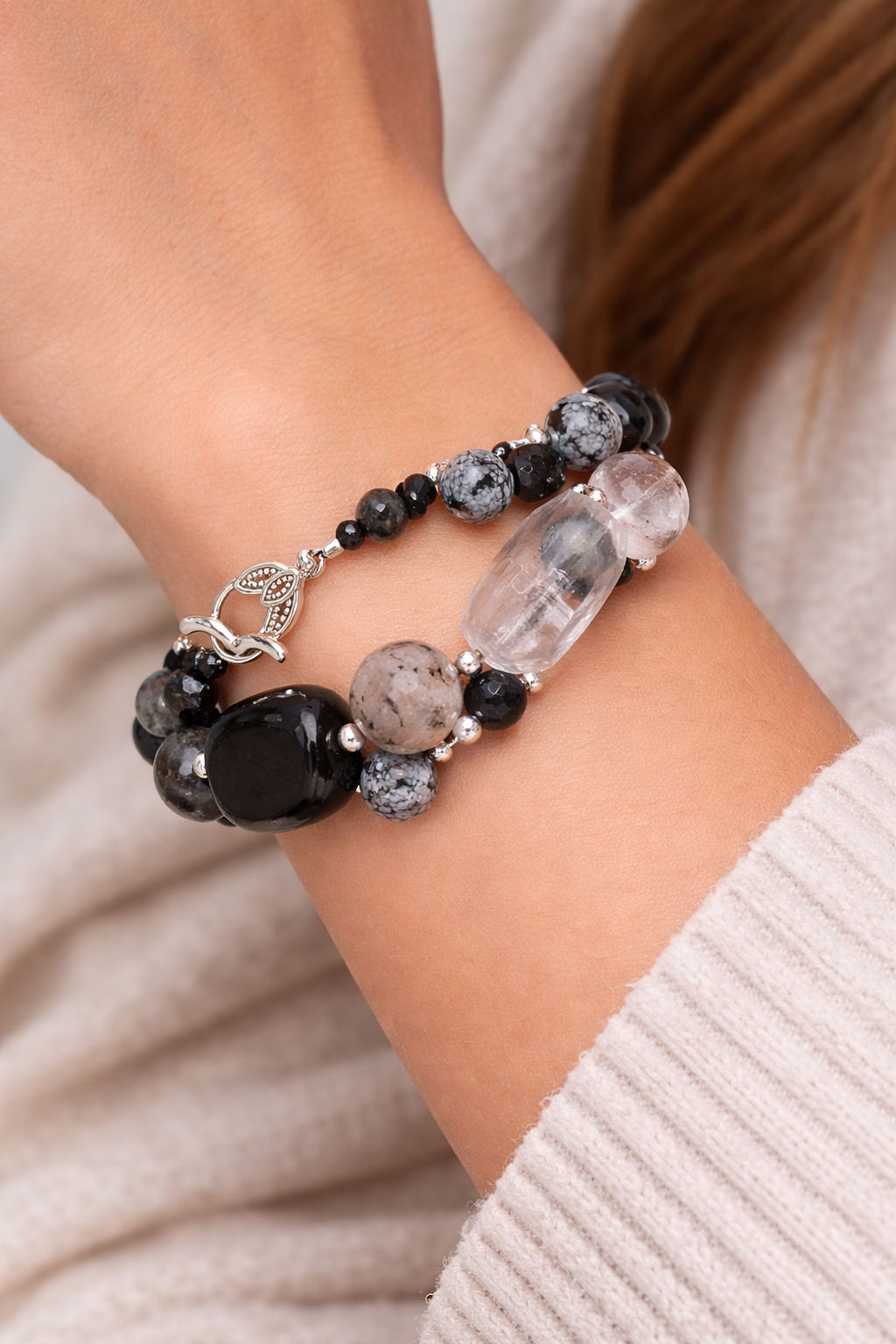 BB20 Black Onyx Tourmalated Quartz bracelet 7-8” 