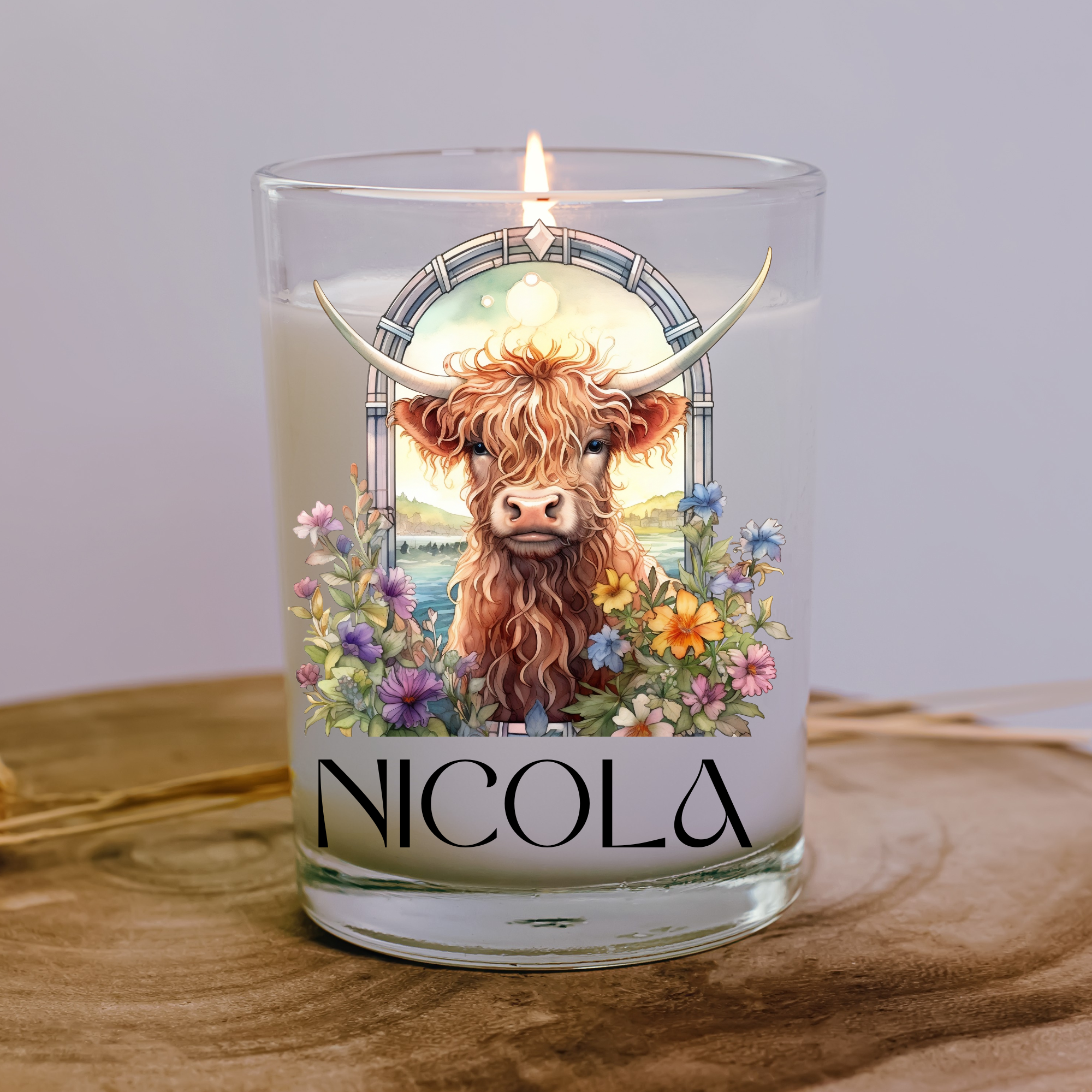 Highland cow Customised glass candle 8cm