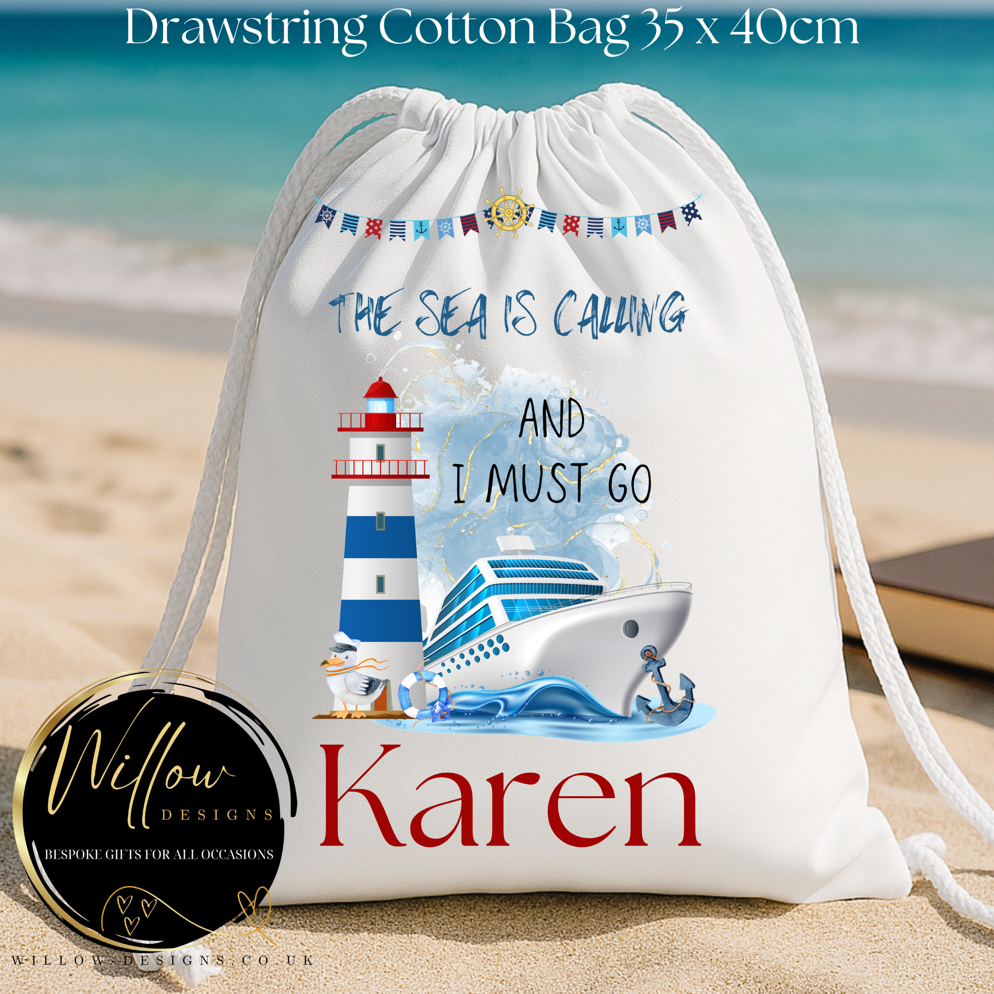 Cruise personalised cotton drawstring bag