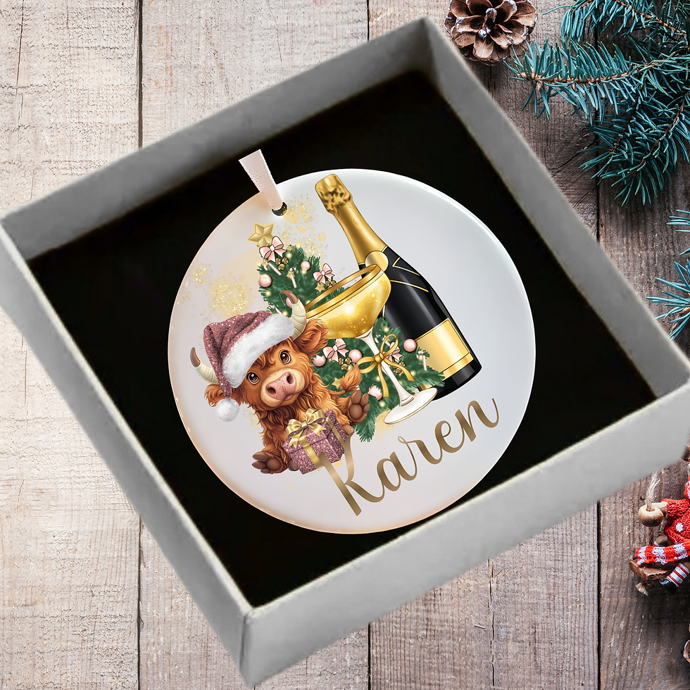Thumbnail: highland cow champagne christmas hanging ornament