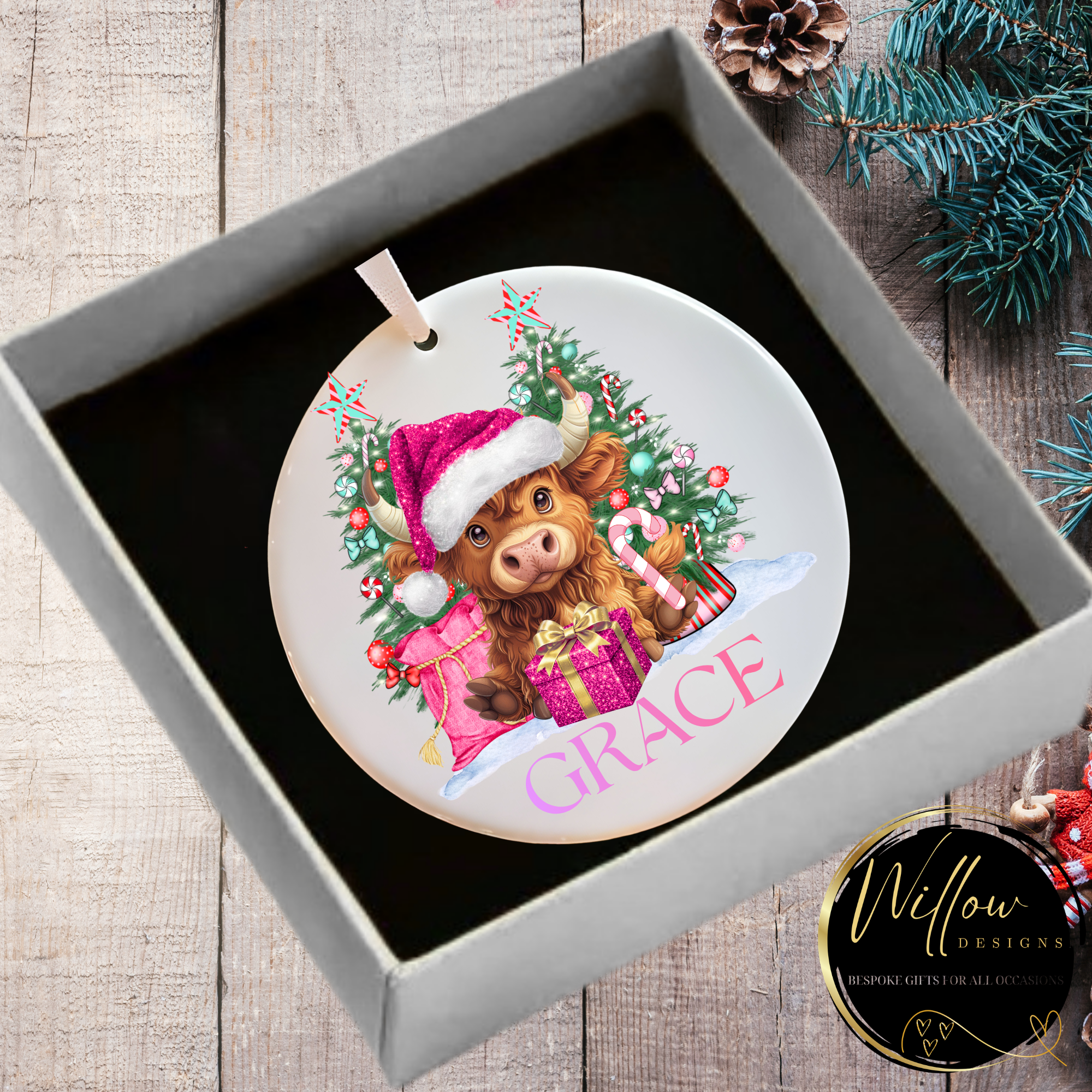 highland cow forest hanging ornament