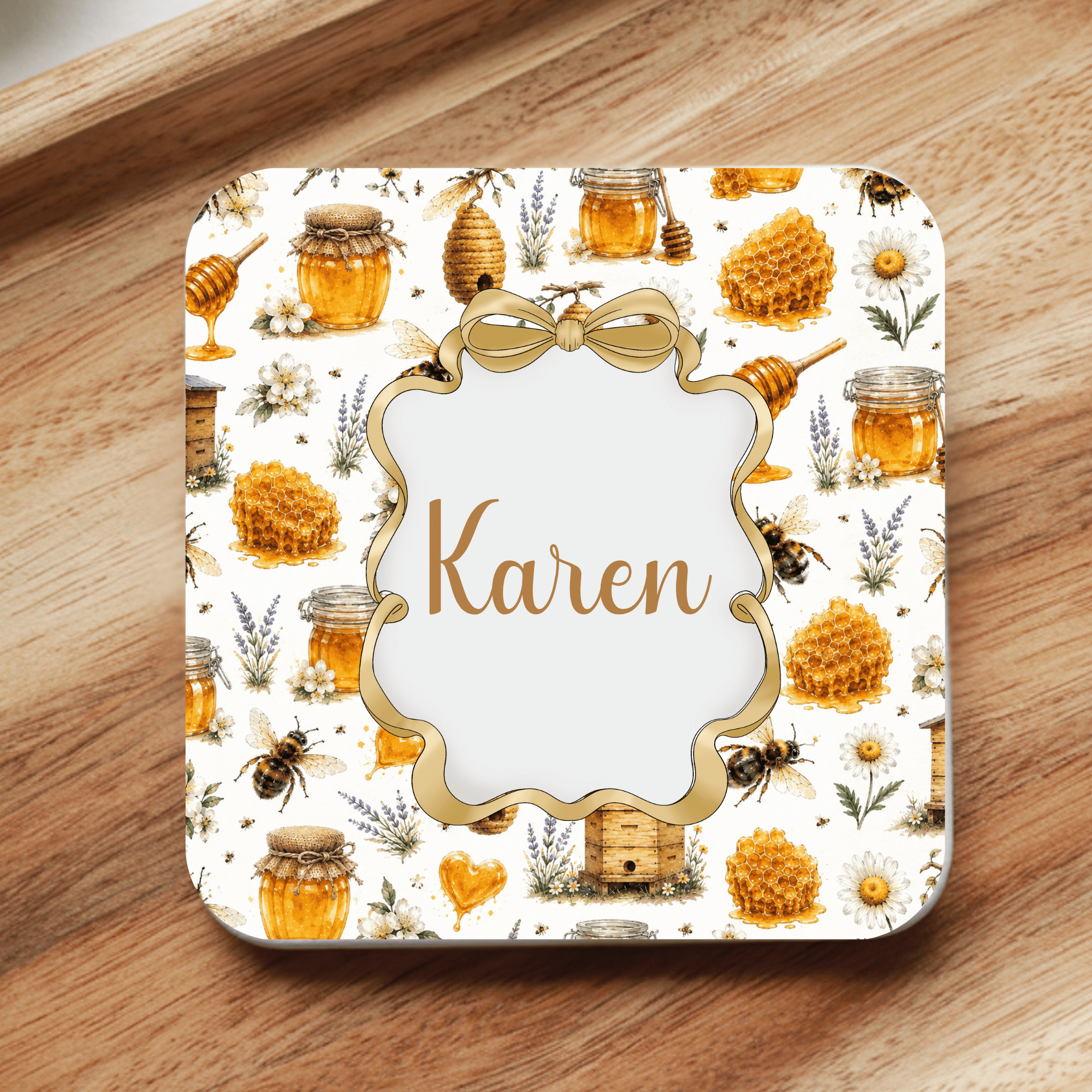 bee and hive patterned coaster