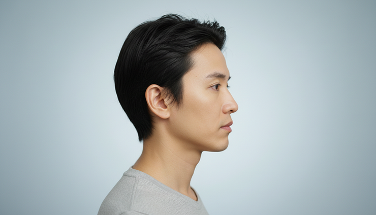 Eye-level view of a neutral facial profile showing the upper jaw and lower jaw relationship.