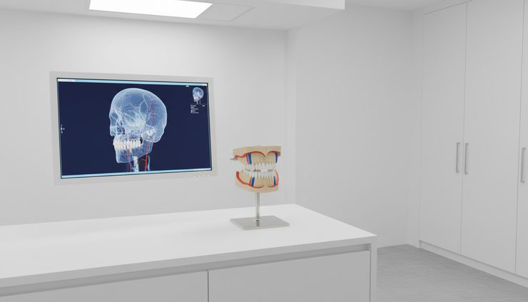 Eye-level view of a CBCT skull reconstruction on a medical display with a jaw model beside it