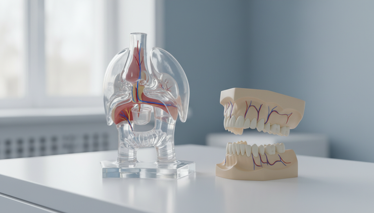 Wide-angle view of a neutral anatomical airway model beside a jaw model