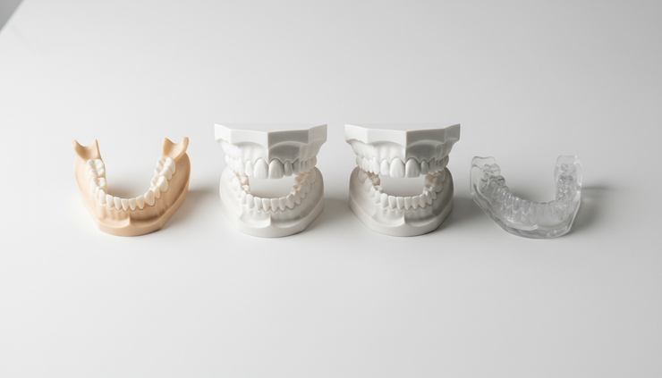 Overhead view of dental arches and a physical surgical splint beside a jaw model