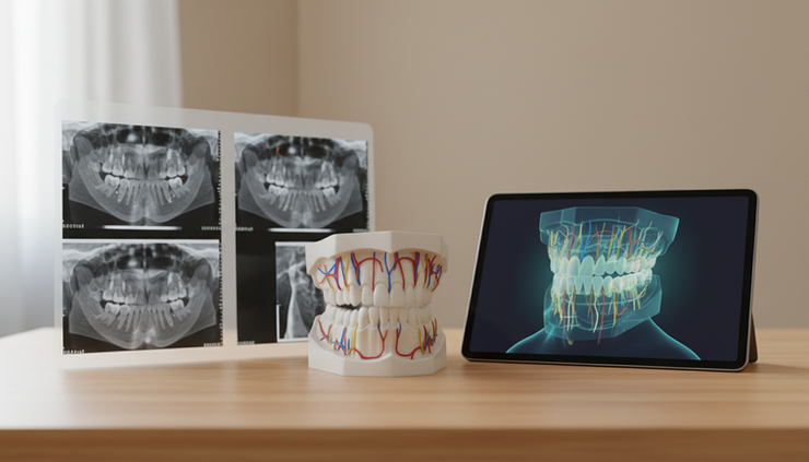 Eye-level view of an anatomical jaw model with digital scan images nearby