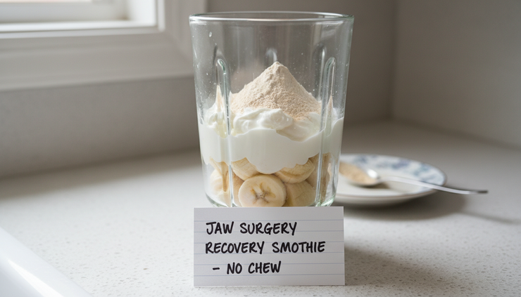 Close-up view of a blender filled with banana, yogurt, milk, and protein powder