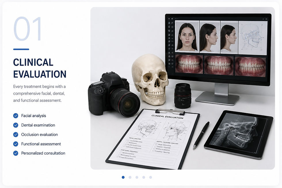 Evaluación clínica para cirugía ortognática, incluido el análisis facial y la fotografía DSLR
