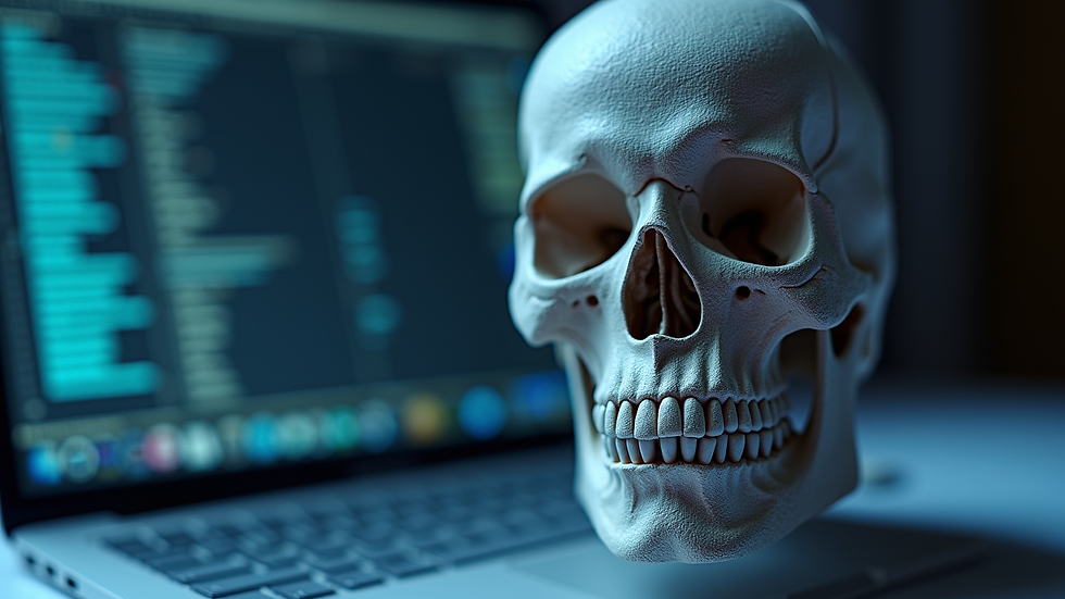 Close-up view of a 3D virtual model of a human skull on a computer screen