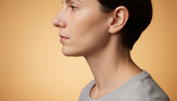 Side view of a person showing the chin, jawline, and upper neck contour