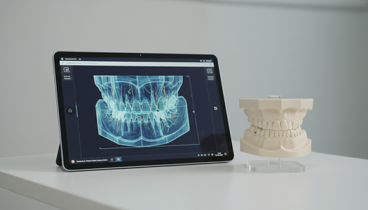 Eye-level view of a digital 3D jaw planning scan displayed beside a physical jaw model