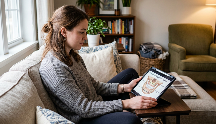 Eye-level view of a person watching a surgical education video on a tablet at home