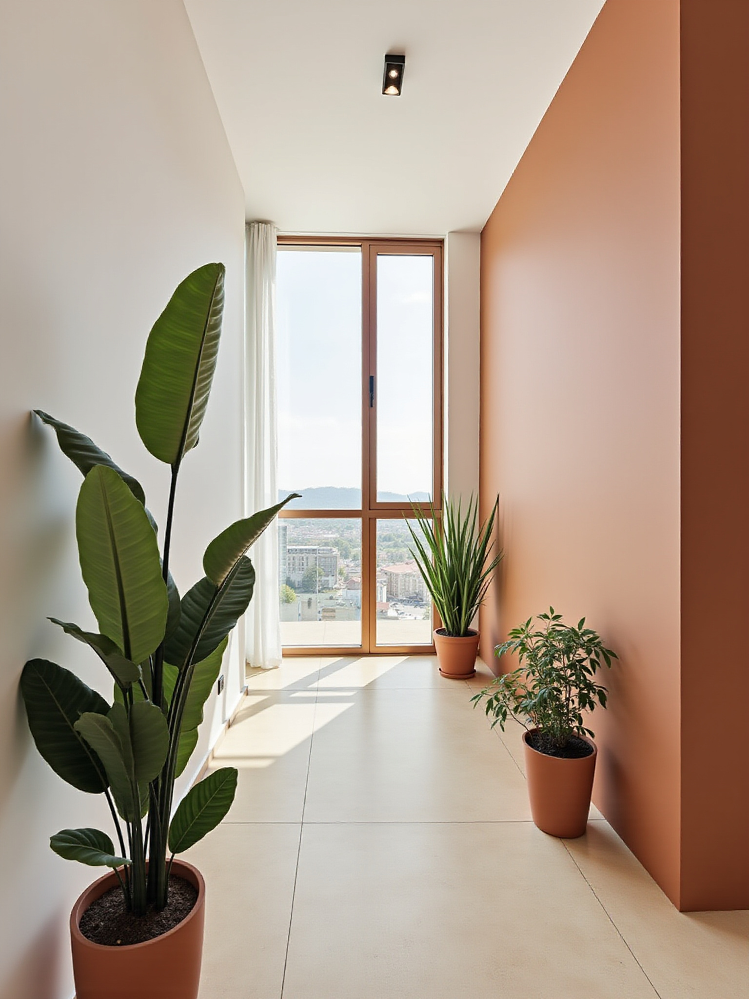 Corredor moderno e luminoso com plantas, parede terracota e janela grande.