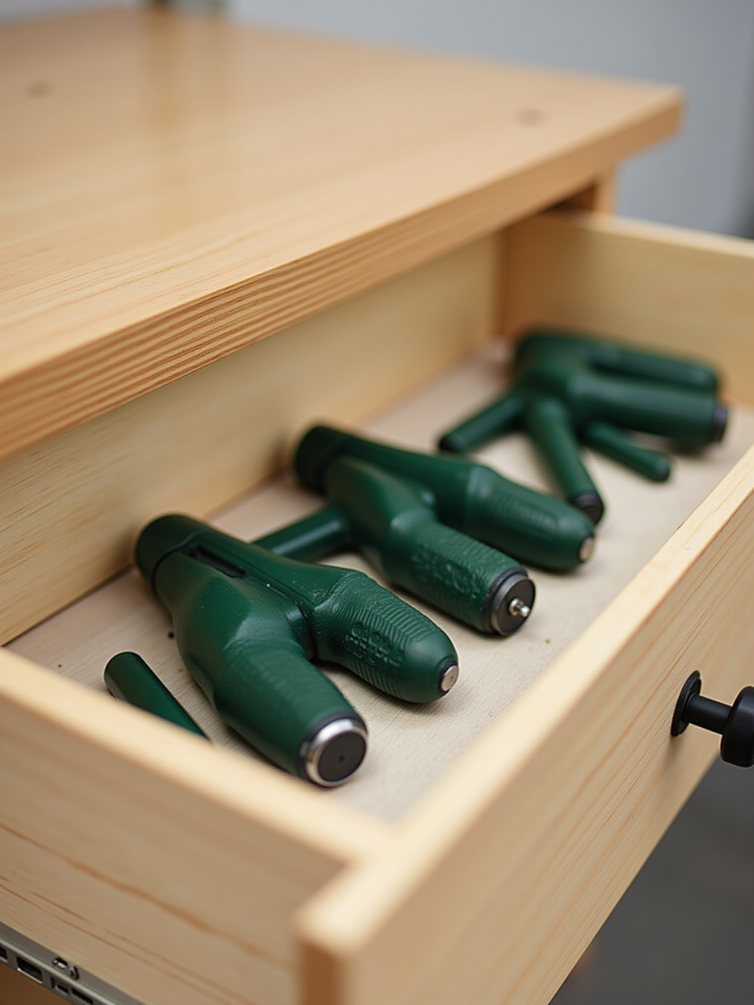 Chaves Allen verdes com cabo T organizadas dentro de uma gaveta de madeira aberta.