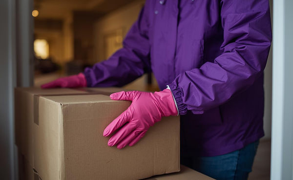 Purple rain jacket with pink gloves moving boxes in house (2).jpg