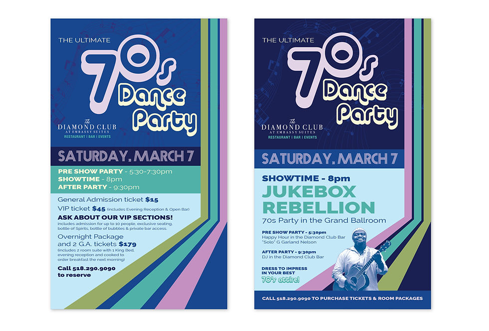 Embassy Suites Diamond Club Grill 70s Party Event Flyers