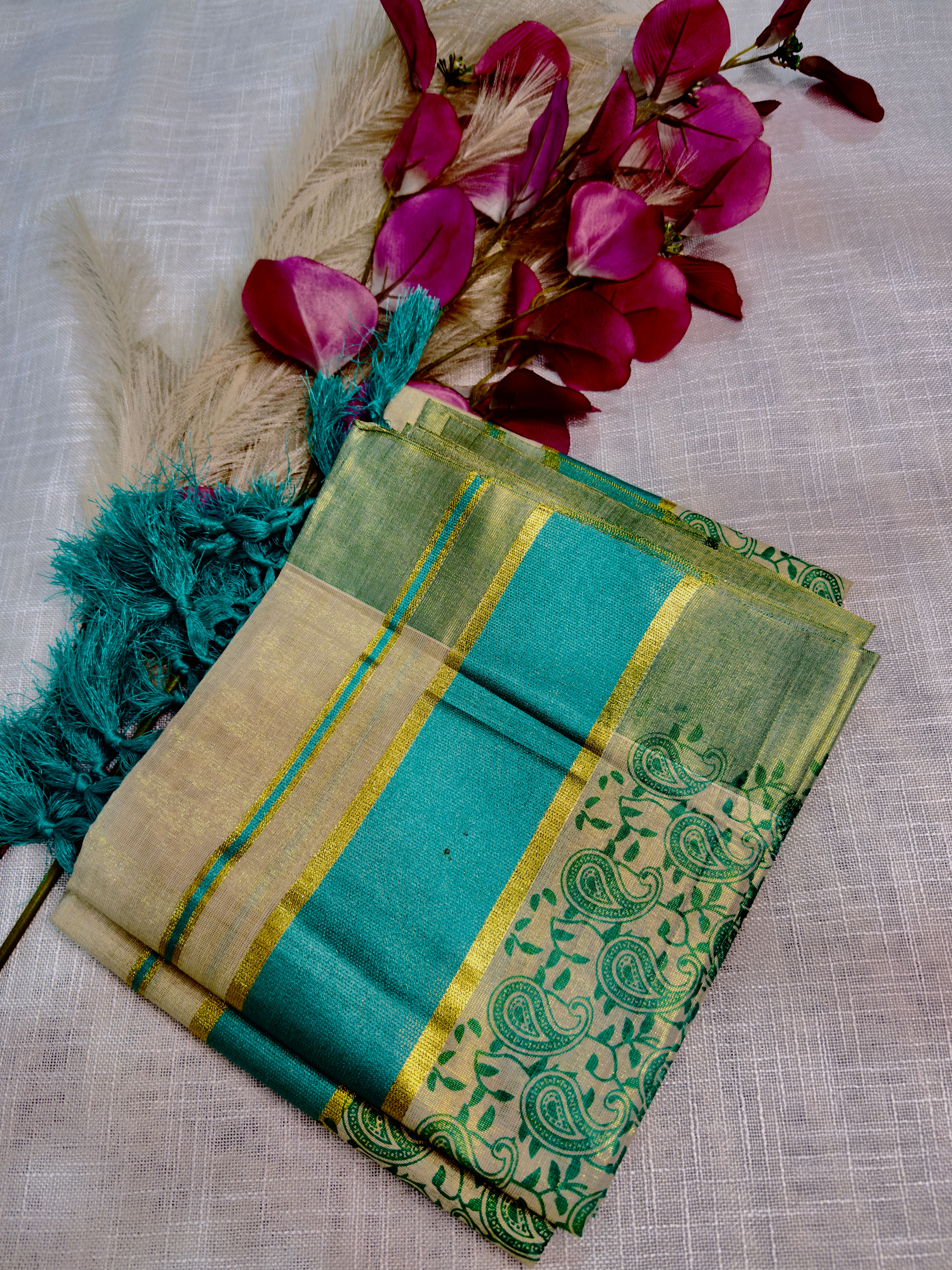 Neelima - Turquoise Blue Tissue Kasavu Set Mundu