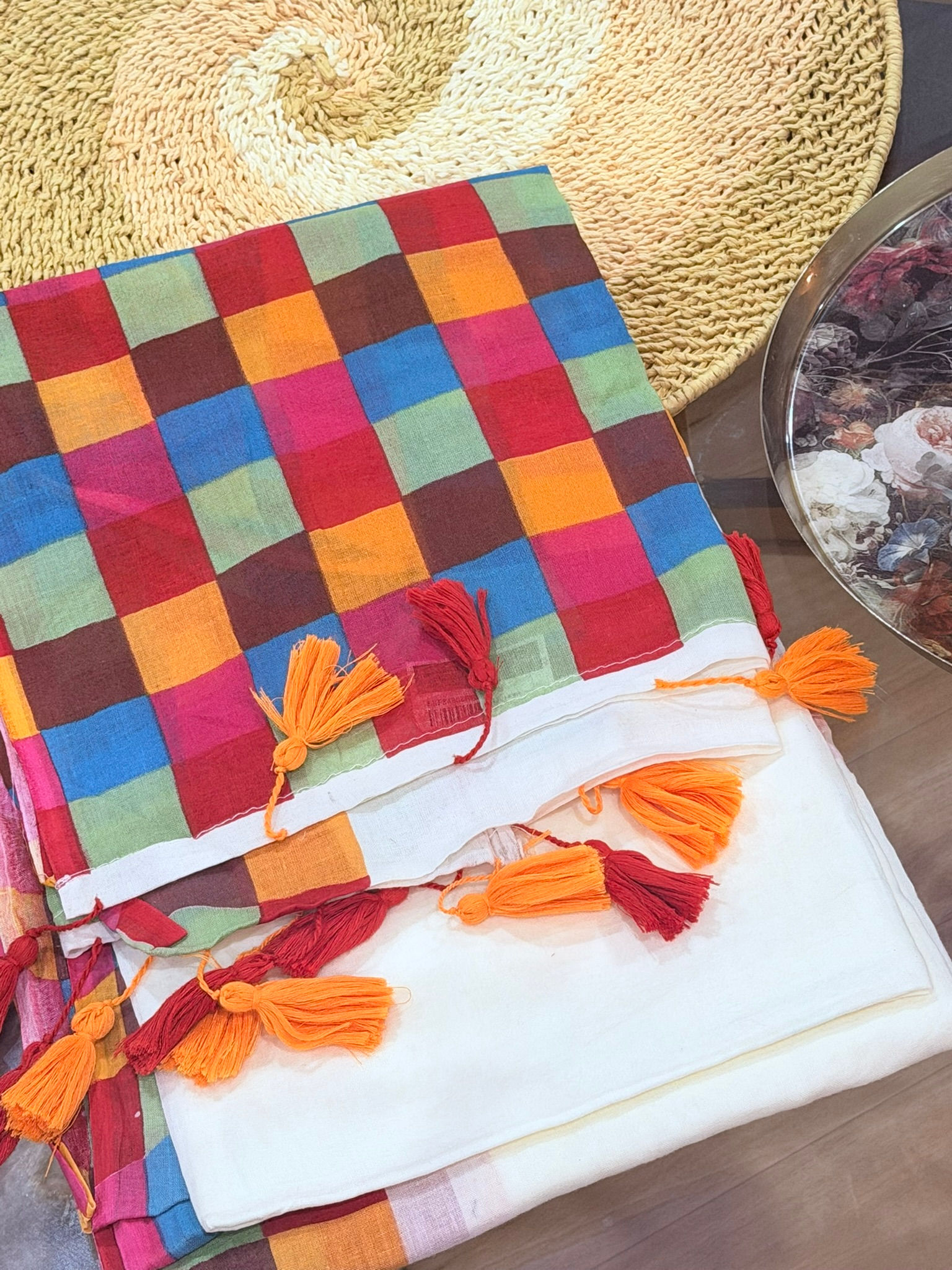 Mulcotton Saree Madras Check Red Orange Blue