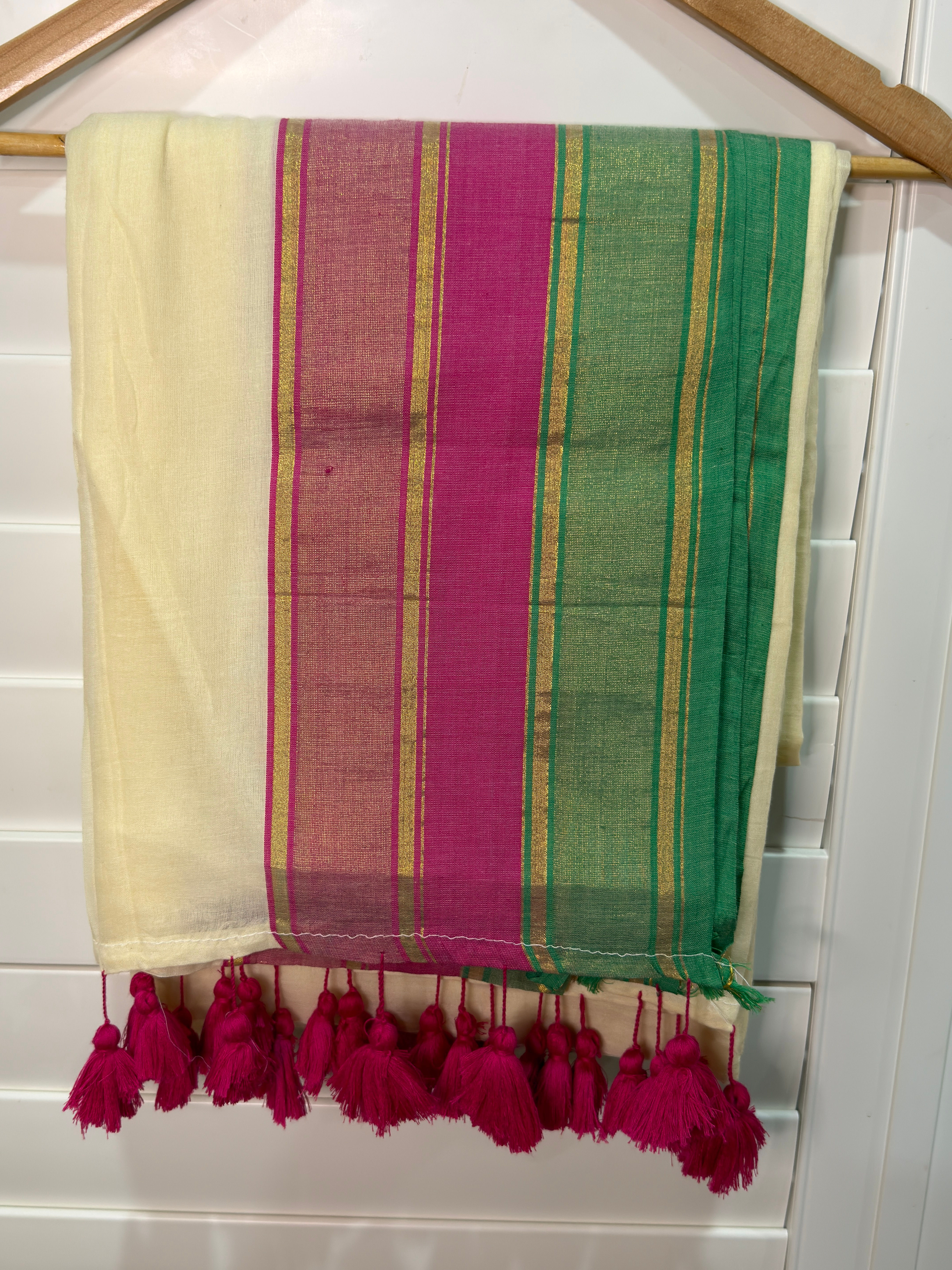 Mulcotton Saree - Pink Green border
