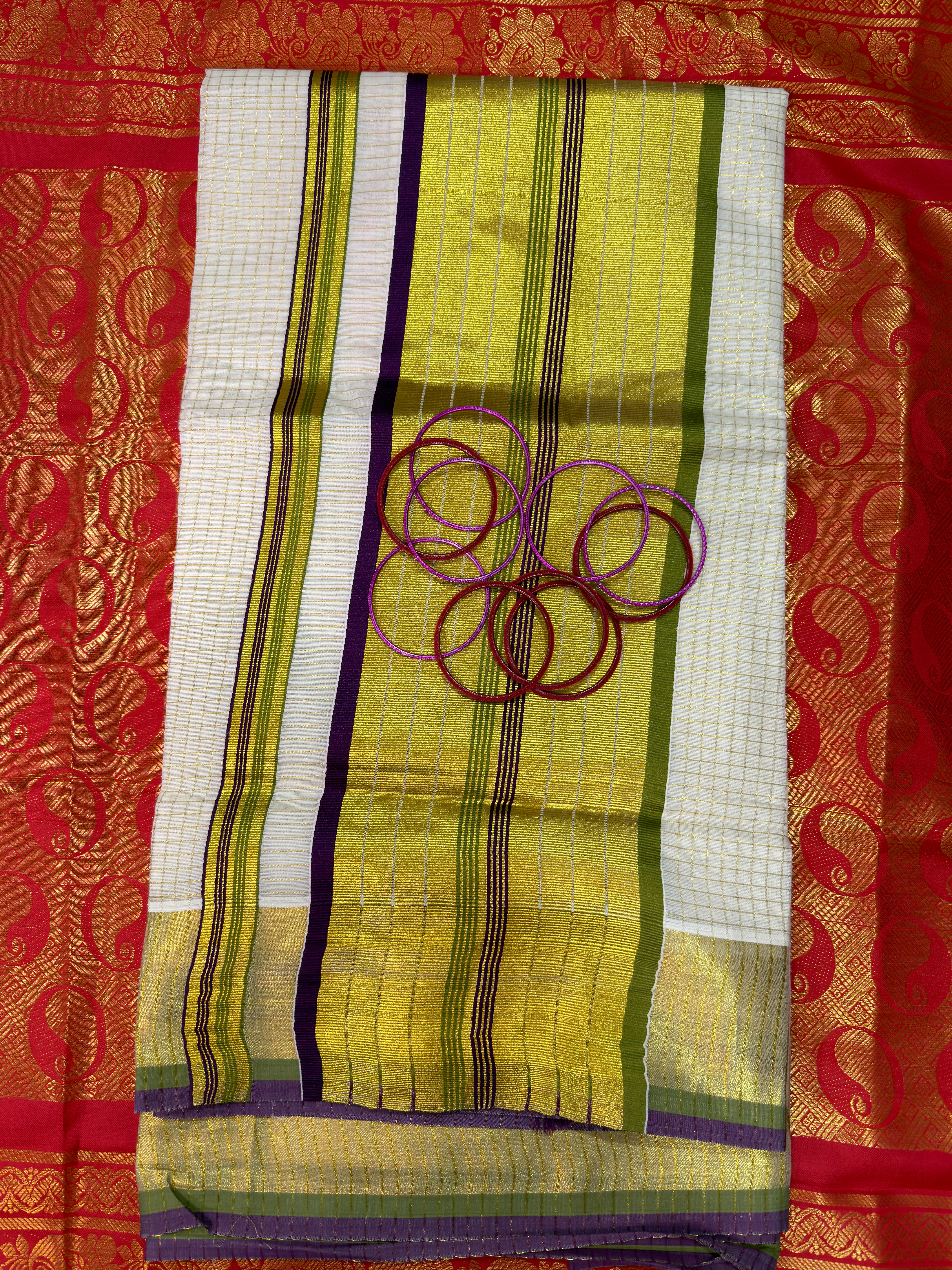 Manjari - Light Green and Purple Checks tissue kasavu saree