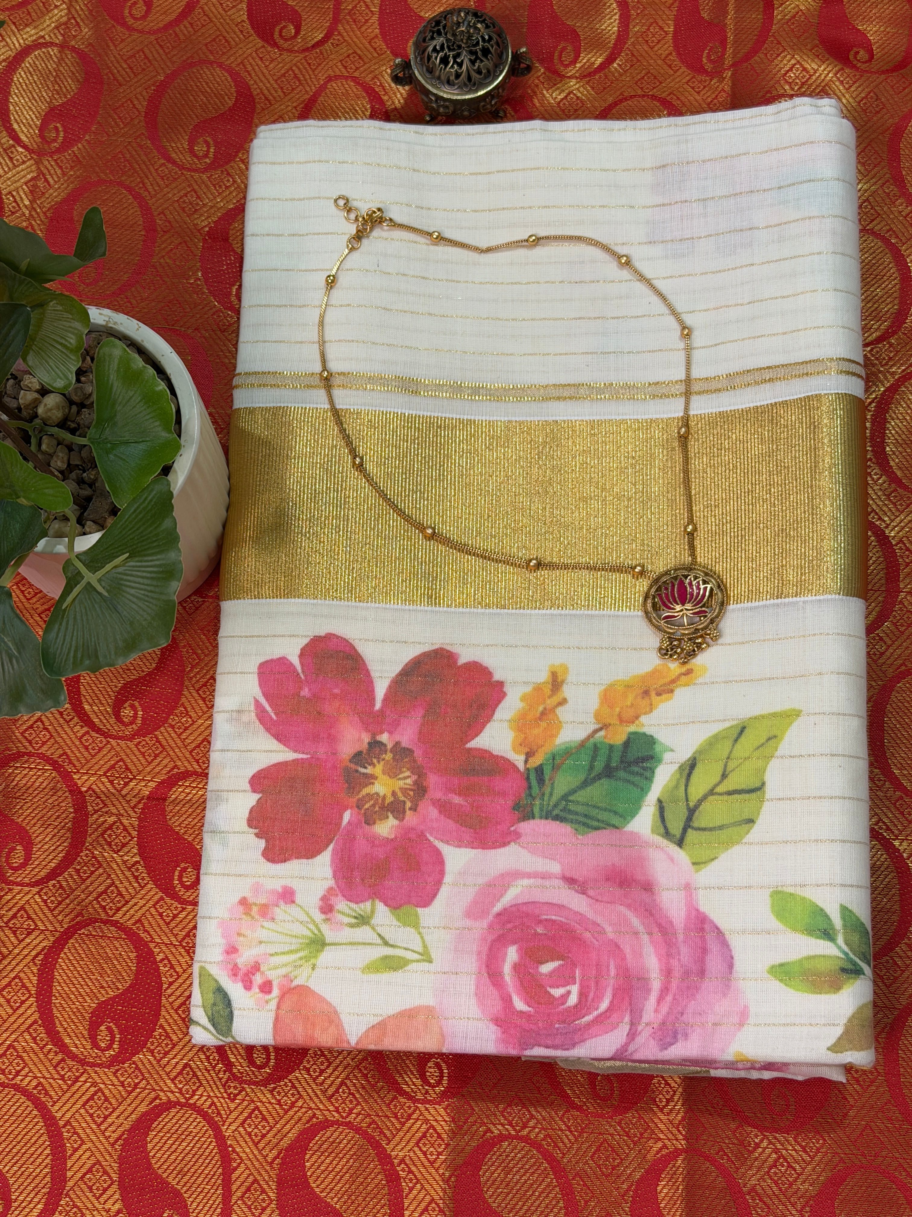 Varna- Printed Kasavu Cotton White Saree