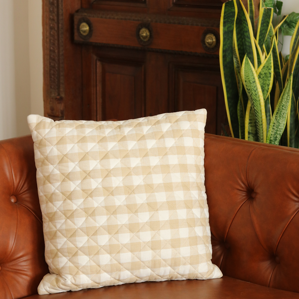 Thumbnail: Farmhouse Beige Checks -Water resistant, Quilted Outdoor Cushion Cover