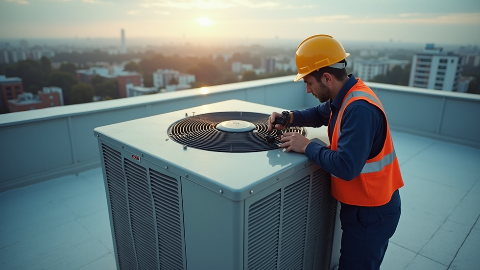 High angle view of a technician performing HVAC system check on rooftop unit