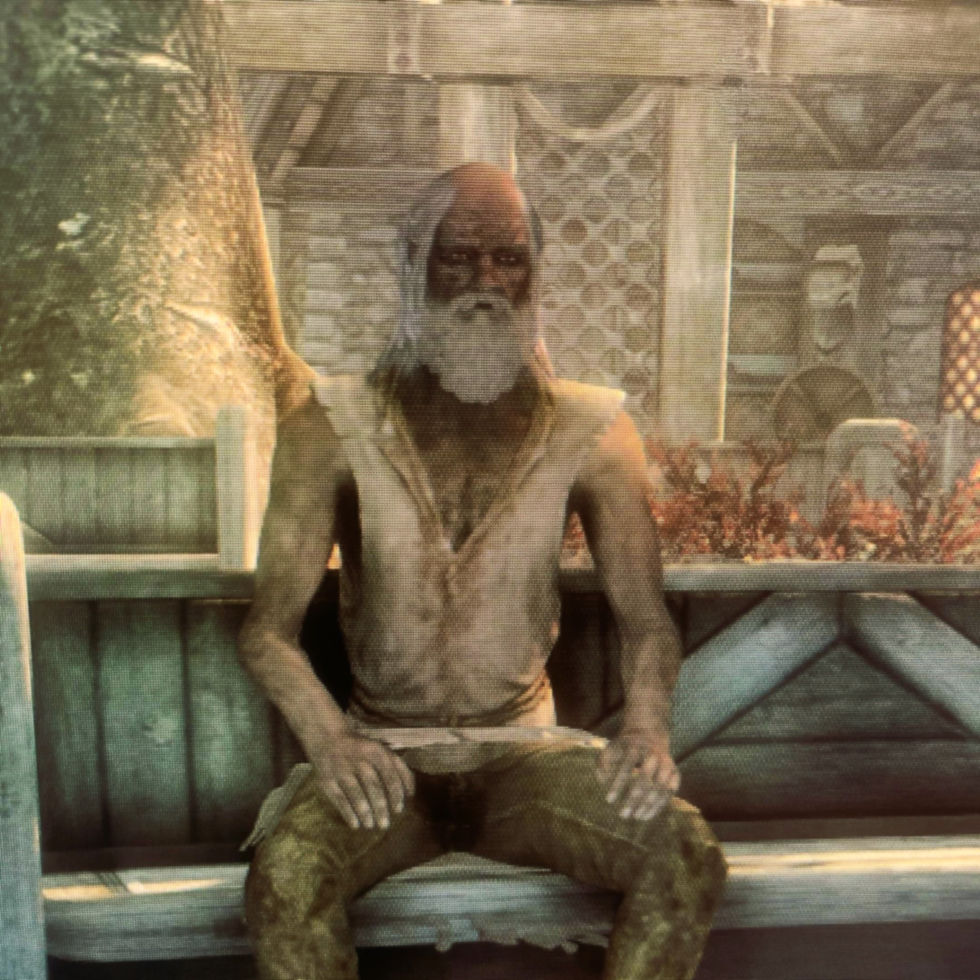 Haldor, wearing a roughspun tunic sitting in Whiterun underneath the Gildergreen tree